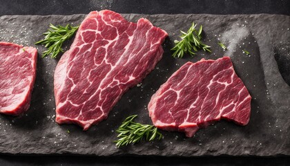 Raw steak on a slate. Two raw steaks on a dark shale background. generative ai. Slice of meat with salt, pepper and herbs