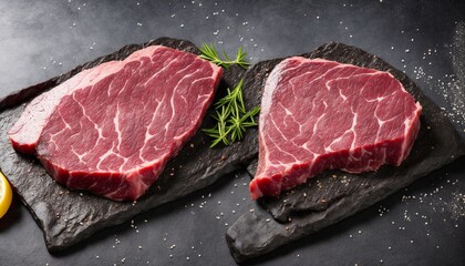 Raw steak on a slate. Two raw steaks on a dark shale background. Slice of meat with salt, pepper and herbs (Generative AI) - obrazy, fototapety, plakaty