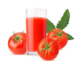 Glass of freshly squeezed tomato juice and three tomato with green leaves