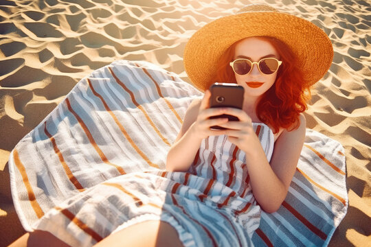 Beach Sun-Kissed Beauty. Stunning Ginger sexy woman with straw hat basking in golden hour light, laying on beach. Bikini Red Head Girl, skincare, summer and topless concept AI Generative