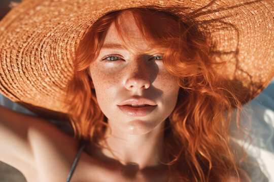 Beach Sun-Kissed Beauty. Stunning Ginger sexy woman with straw hat basking in golden hour light, laying on beach. Bikini Red Head Girl, skincare, summer and topless concept AI Generative