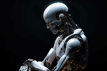 Obraz na płótnie Canvas Sci-fi robot as the thinker statue. Synthetic white plastic materials. Generative AI