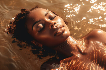 Beach Sun-Kissed Beauty. Stunning black sexy woman with straw hat basking in golden hour light, laying on sea water waves. African Bikini girl, skincare, summer and topless concept AI Generative