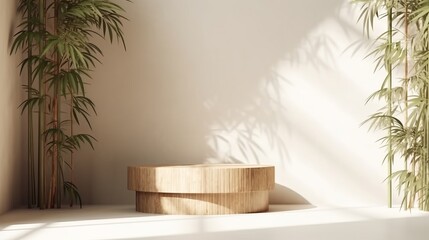 Bamboo product display podium for natural product. Empty scene with bamboo branch. Generative ai