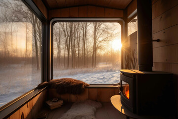 Cozy cabin trailer house in the meadow in winter inside. Generative AI