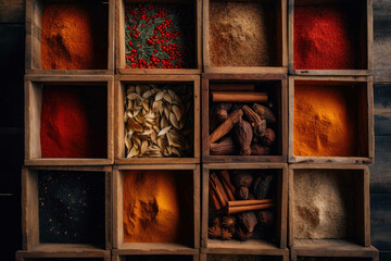 Top view of spices in form in wooden cages. Generative AI