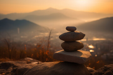 balancing stones, scenic view, relaxing atmosphere Generative AI
