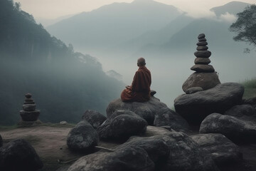 a monk sitting back and meditating near balancing stones, scenic view, relaxing atmosphere Generative AI - obrazy, fototapety, plakaty