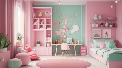Modern interior of children's room in gentle fashionable pink and green colors. Generative AI