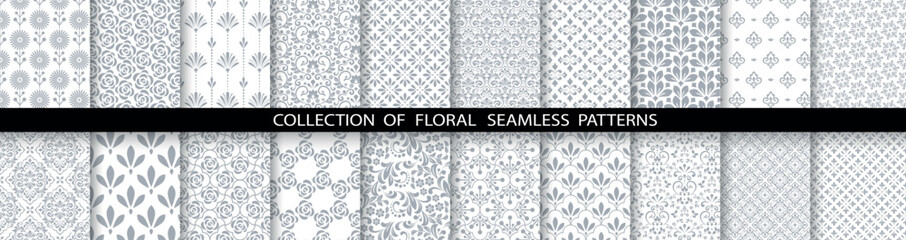 Geometric floral set of seamless patterns. White and gray vector backgrounds. Damask graphic ornaments