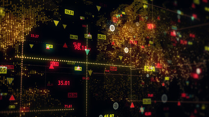 3d rendering of stock market data on digital earth map background