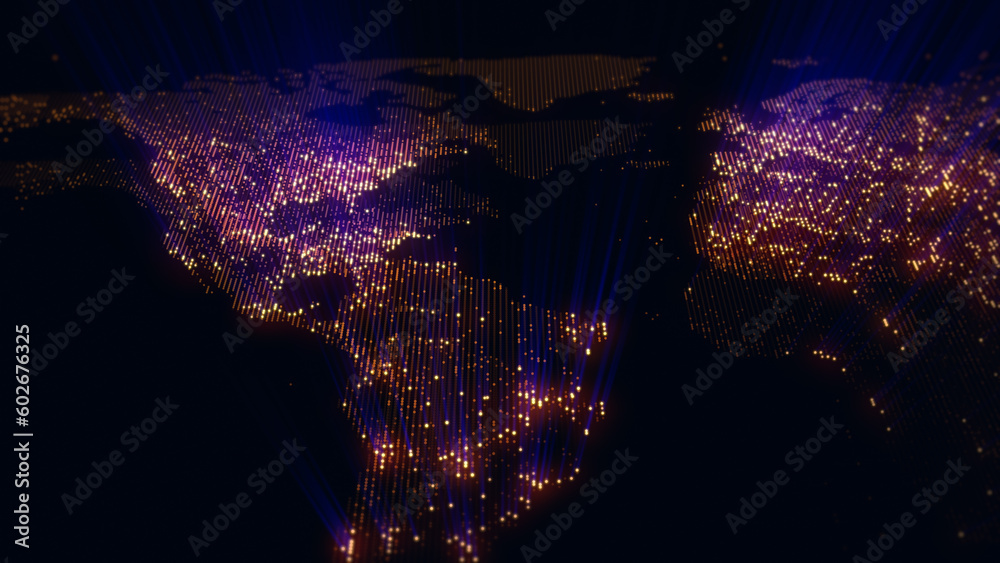 Wall mural 3d rendering of a digital map of the earth. the lights of megacities merge in a soft glow