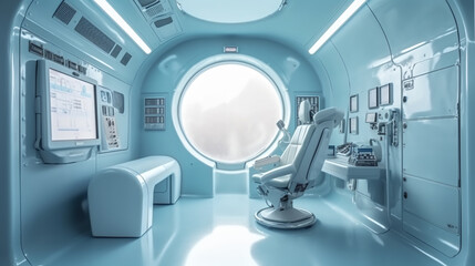 Modern medical office on spaceship. Stylish futuristic room with medical equipment. Generative AI