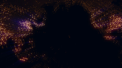 3D rendering of a digital map of the Earth. The lights of megacities merge in a soft glow