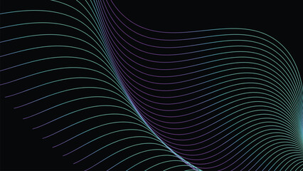 Abstract vector geometric Illustration of the pattern of flowing green and purple lines on black background. Digital future technology concept design. 