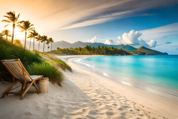 A serene summer beach with crystal clear blue water, white sand, and palm trees swaying in the gentle breeze, with a beach chair in the foreground