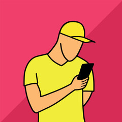 Man in cap using mobile phone cartoon vector illustration colorful background