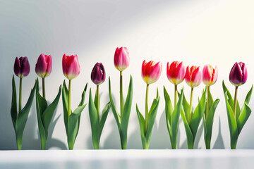 Tulips in a row on a light background. Generative AI