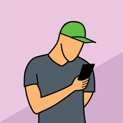 Man in cap using mobile phone cartoon vector illustration colorful background