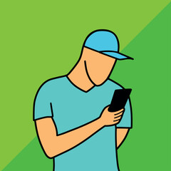 Man in cap using mobile phone cartoon vector illustration colorful background