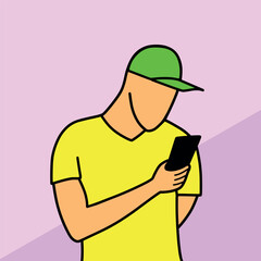 Man in cap using mobile phone cartoon vector illustration colorful background
