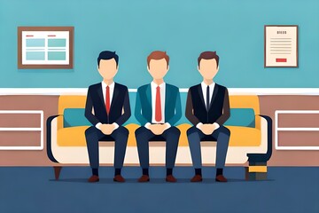 Group of stressful young people waiting for job interview. Waiting on a bench. Flat illustration.