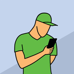 Man in cap using mobile phone cartoon vector illustration colorful background