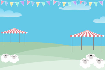 Fototapeta premium Farmer market summer event urban landscape background banner poster design vector illustration. Trendy for food festival market. Promo concept .Copy space. Cartoon sheep cow farm animals.