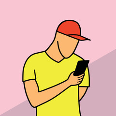 Man in cap using mobile phone cartoon vector illustration colorful background