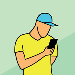Man in cap using mobile phone cartoon vector illustration colorful background