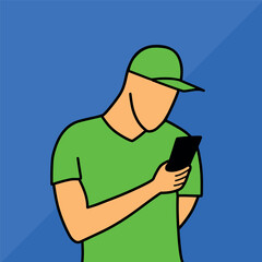 Man in cap using mobile phone cartoon vector illustration colorful background