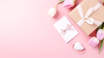 Floral flat lay greeting card with beautifully wrapped present and copy space. Generative AI