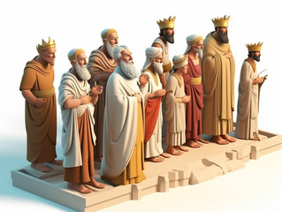 Fototapeta premium Illustration of an ancient pharaoh or king visiting his people accompanied by courtiers. This king wears official clothes and is highly respected by the people.