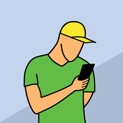 Man in cap using mobile phone cartoon vector illustration colorful background