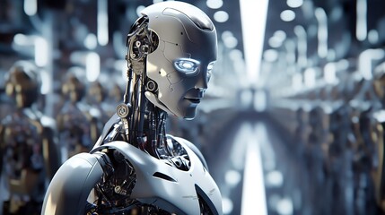 Humanoid robot, standing tall amidst a cutting-edge laboratory, reflecting the fusion of humanity and AI. Generative AI.