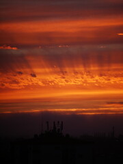 Scenic sunset landscape, vibrant warm colored sky
