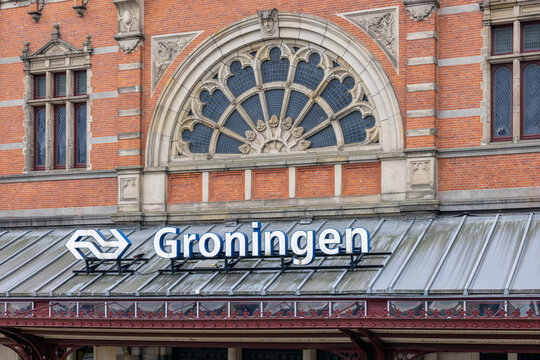 Entrance medieval building Dutch railway station city Groningen