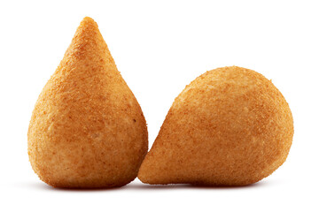 Coxinha, traditional Brazilian snack, stuffed with chicken and fried. Isolated on white background for creating digital arts. Chicken drumstick