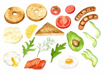 Set elements traditional english breakfast with eggs, toast, sausages, fish, avocado, tomatoes and herbs . Hand drawn watercolor illustration isolated on white background. Template for design menu.