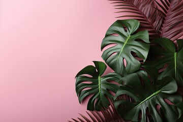 Fototapeta na wymiar Monstera leaves botanical floral on plain pink color background AI Generated