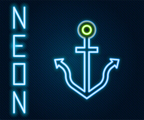 Obraz premium Glowing neon line Anchor icon isolated on black background. Colorful outline concept. Vector