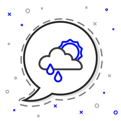 Line Cloud with rain and sun icon isolated on white background. Rain cloud precipitation with rain drops. Colorful outline concept. Vector