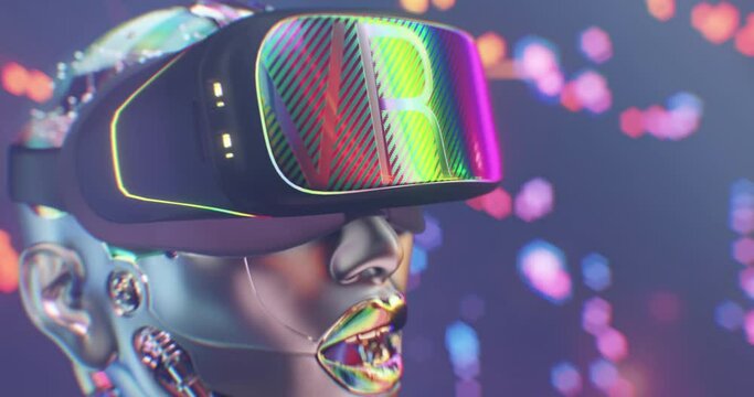 VR googles headset on a robo-girl , Cybernetic Technology artificial intelligence wihin digital metaverse environment over Sci-fi background