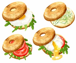 Set various bagel, sandwich with egg, cream cheese, tomatoes and herbs. Cooking breakfast, lunch, dinner. Hand drawn watercolor illustration isolated on white background. Template for design.