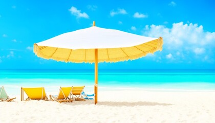 Beautiful beach banner. White sand, chairs and umbrella travel tourism wide panorama background concept. Amazing beach landscape, generative ai