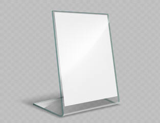 Desktop stand display holder for paper or menu. Blank template isolated on transparent background. Vector mockup