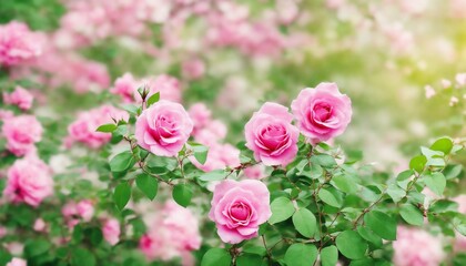 Fototapeta premium Blooming rose bush. Natural floral spring background. generative ai spring floral wallpaper. Soft selective focus on rose blossoms, generative ai