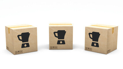 Kraft box stamped with an icon of a product: juicer. Cardboard package made in 3D and rendered in 3 different angles: front, left side, right side. Easy clipping.