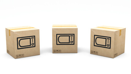 Fototapeta premium Kraft box stamped with an icon of a product: microwave. Cardboard package made in 3D and rendered in 3 different angles: front, left side, right side. Easy clipping.