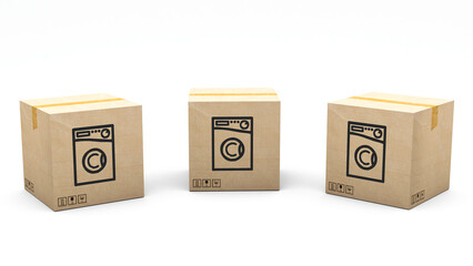 Fototapeta premium Kraft box stamped with an icon of a product: washing machine. Cardboard package made in 3D and rendered in 3 different angles: front, left side, right side. Easy clipping.
